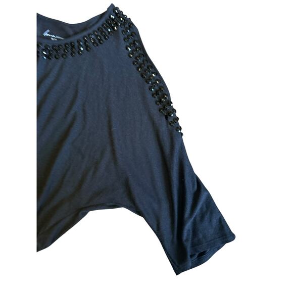 Lane Bryant Black Top 18/20 Cold Shoulder Ruched Sides Beaded Boho Chic Peasant - Picture 2 of 6